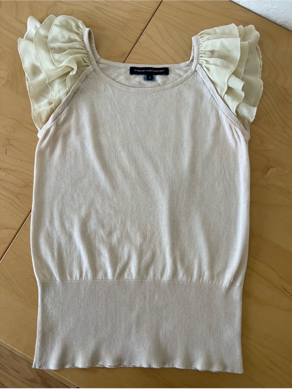 French Connection Cream Ruffle Sleeve Knit Top